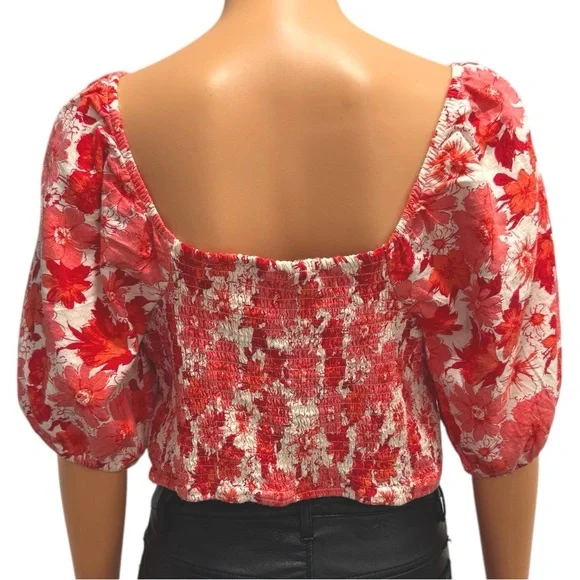 LUCKY BRAND NWT Floral Linen Blend Short Puff Sleeve Crop Top Red White Large - Picture 3 of 9